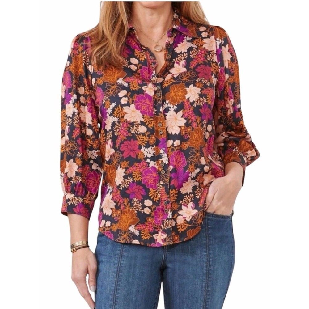 NWT Democracy 3/4 Sleeve Floral Print Top size 2X Navy Button Front Viscose